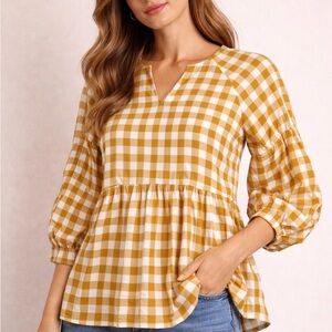 Maeve Mustard Gingham Peplum Blouse Women’s L 3/4 Sleeve Tunic